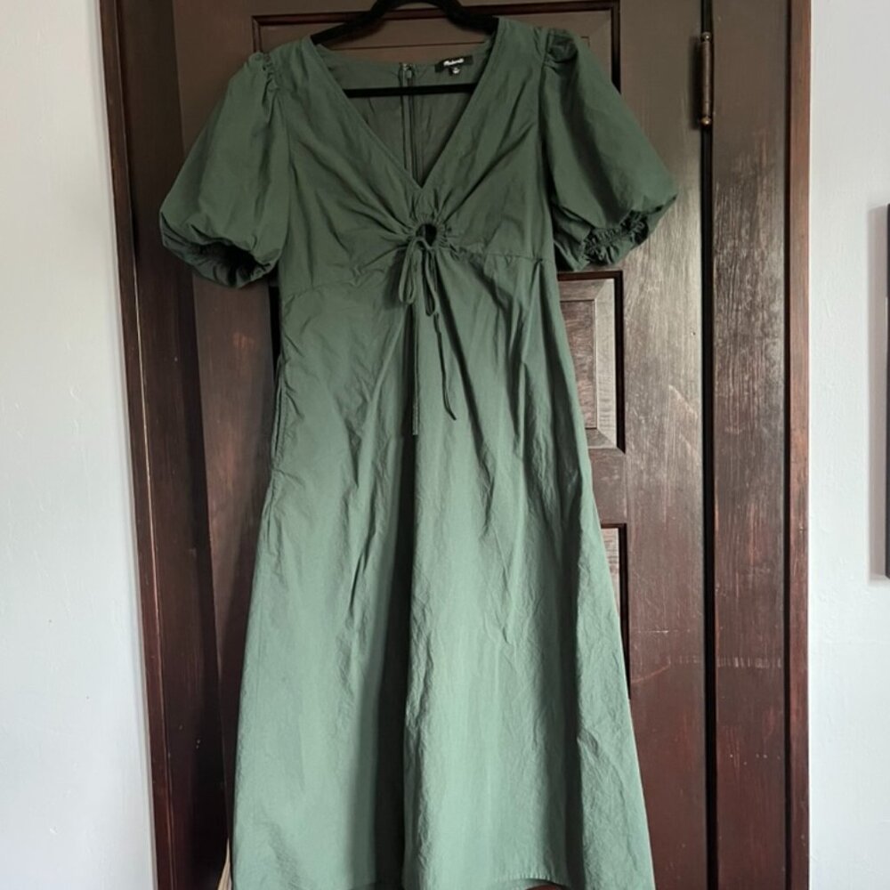 Madewell Terri Poplin Cutout Puff-Sleeve Midi Dress in Dark Palm, Size 14